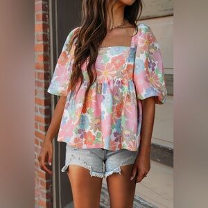 Devine Printed Square Neck Cap Sleeve Blouse